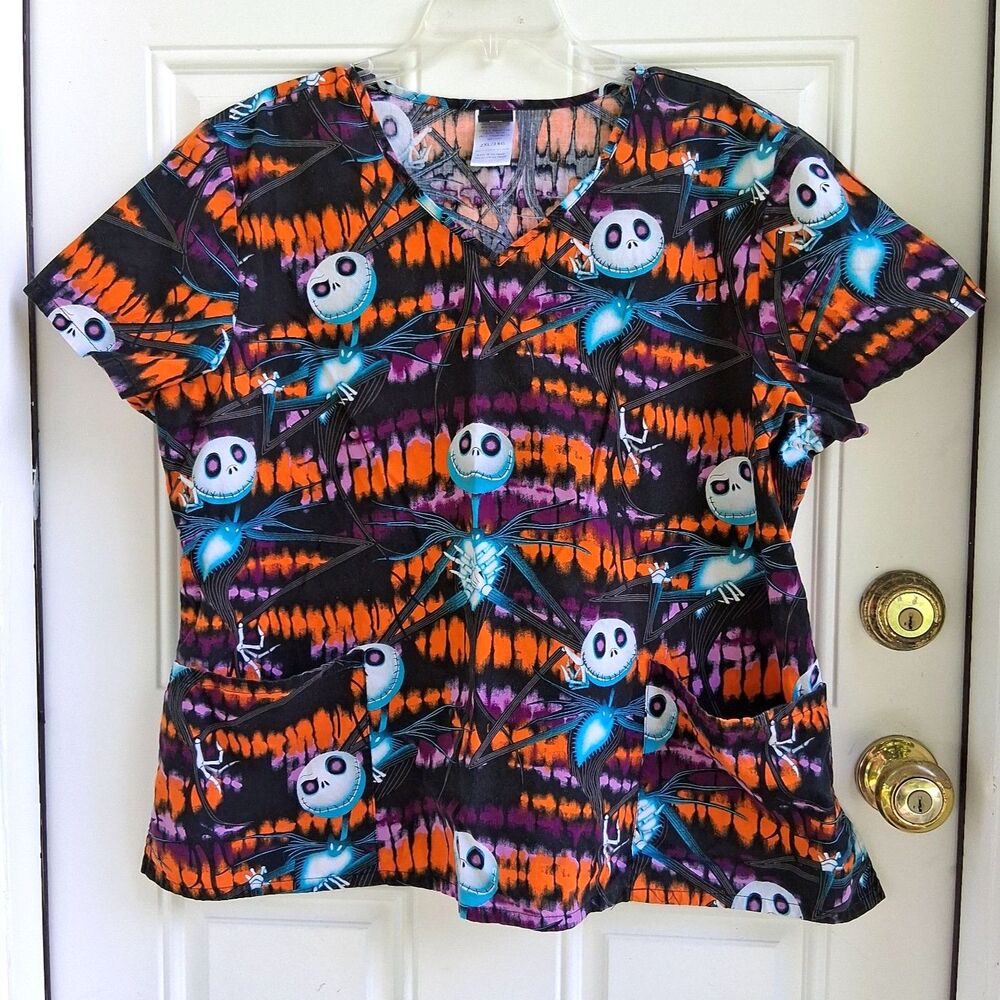 392 2XL Disney Nightmare Before Christmas Scrub Top Nurse Halloween Black Orange